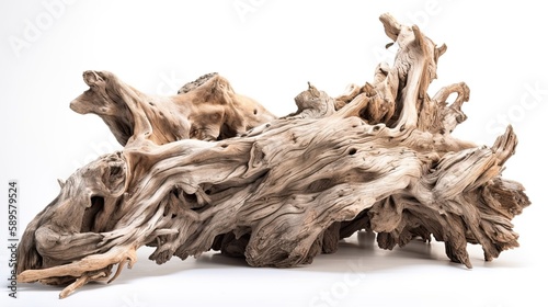 Rustic Raw Driftwood Isolated on White Background: Age-Mellowed Sea Wood Tree Trunk, Generative AI © AIGen