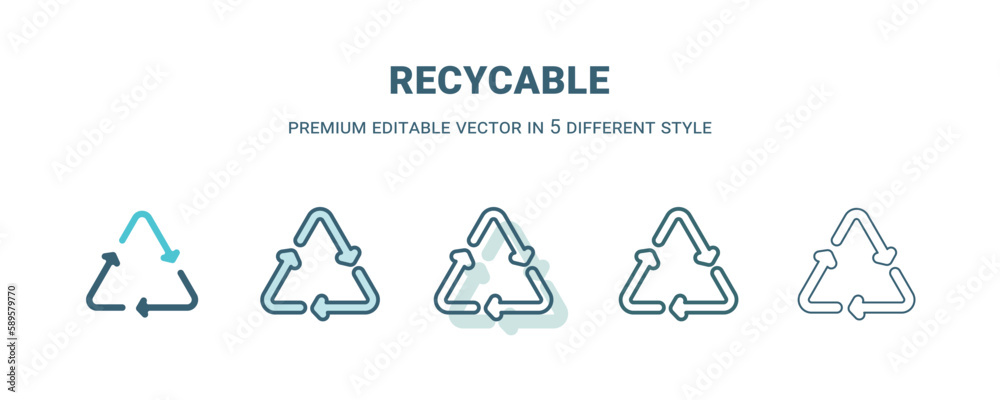 recycable icon in 5 different style. Outline, filled, two color, thin recycable icon. Editable vector can be used web and mobile recycable icon in 5 different style. Outline, filled, two color, thin recycable icon. Editable vector can be used web and mobile