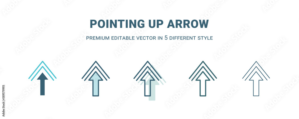 pointing up arrow icon in 5 different style. Outline, filled, two color, thin pointing up arrow icon. Editable vector can be used web and mobile