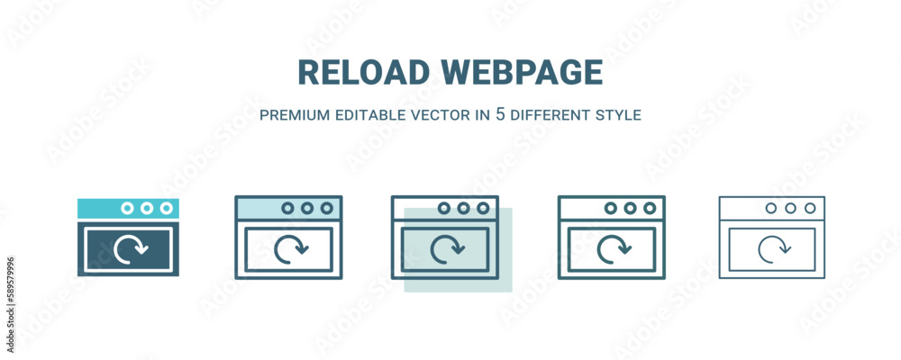 reload webpage icon in 5 different style. Outline, filled, two color, thin reload webpage icon. Editable vector can be used web and mobile reload webpage icon in 5 different style. Outline, filled, two color, thin reload webpage icon. Editable vector can be used web and mobile