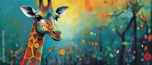 Pretty colorful up close giraffe portrait with pointy ears  painterly tree blurred sunset background with blooming spring flowers - generative AI
