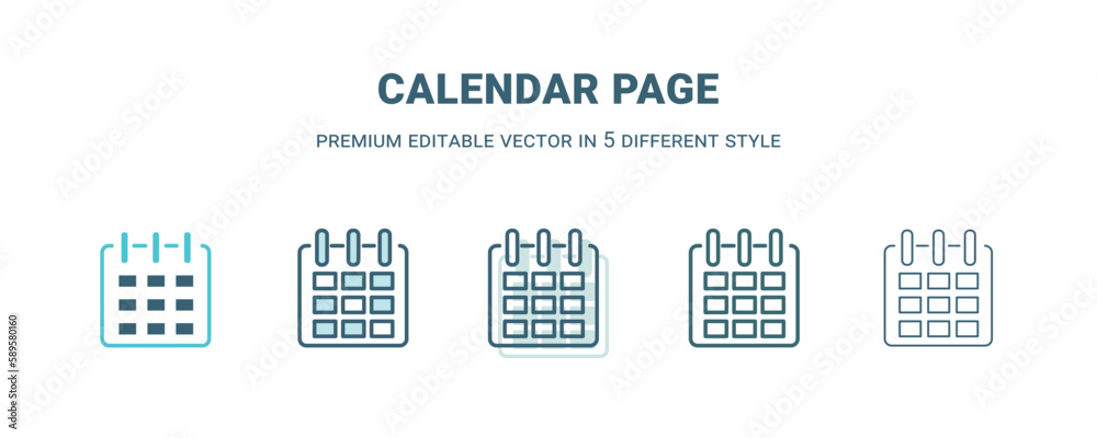 calendar page icon in 5 different style. Outline, filled, two color, thin calendar page icon. Editable vector can be used web and mobile calendar page icon in 5 different style. Outline, filled, two color, thin calendar page icon. Editable vector can be used web and mobile