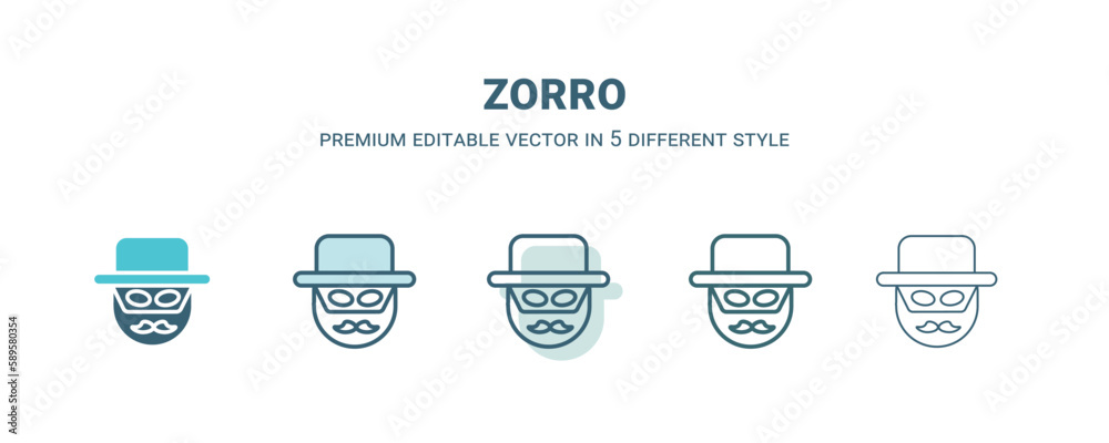 zorro icon in 5 different style. Outline, filled, two color, thin zorro icon. Editable vector can be used web and mobile zorro icon in 5 different style. Outline, filled, two color, thin zorro icon. Editable vector can be used web and mobile
