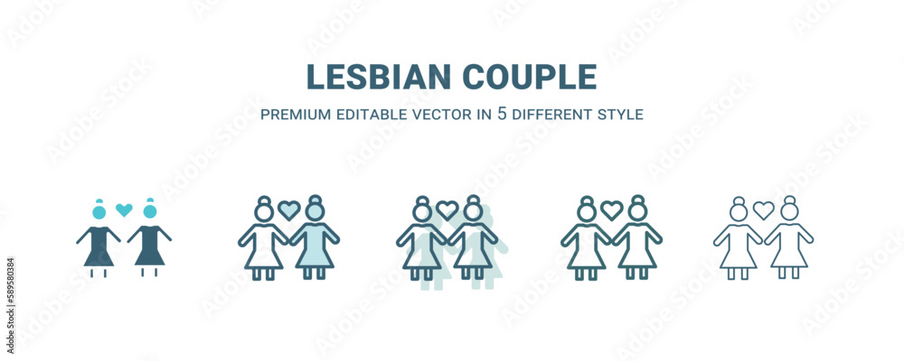 lesbian couple icon in 5 different style. Outline, filled, two color, thin lesbian couple icon. Editable vector can be used web and mobile