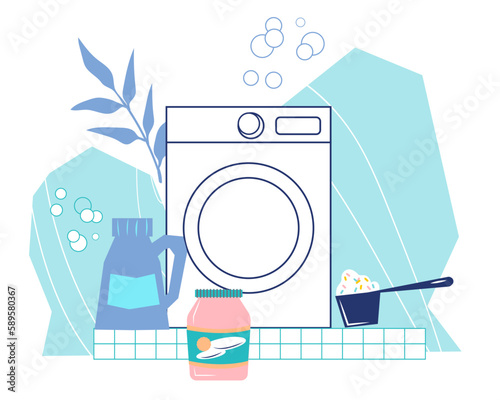 Dry cleaning and commercial laundry services banner or emblem template, signboard layout, flat vector illustration isolated on white background.