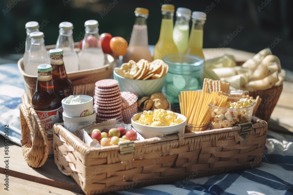 rummage through a picnic basket full of snacks, drinks, and other treats, created with generative ai