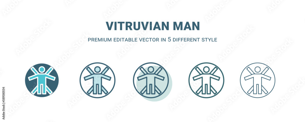 vitruvian man icon in 5 different style. Outline, filled, two color, thin vitruvian man icon. Editable vector can be used web and mobile vitruvian man icon in 5 different style. Outline, filled, two color, thin vitruvian man icon. Editable vector can be used web and mobile