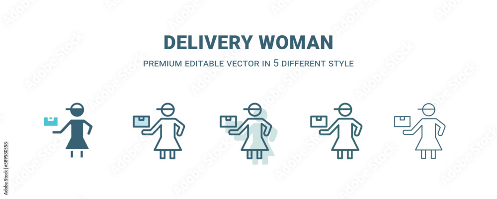 delivery woman icon in 5 different style. Outline, filled, two color, thin delivery woman icon. Editable vector can be used web and mobile