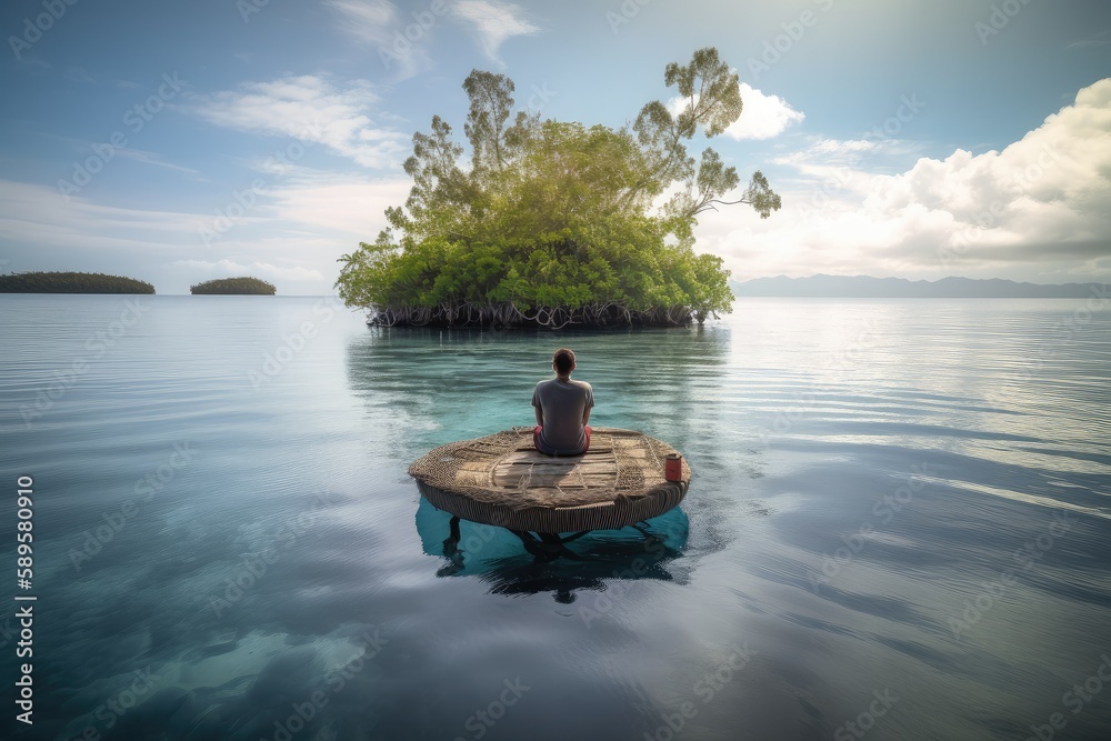 person, meditating on the serene float island, with view of tranquil waters, created with generative ai
