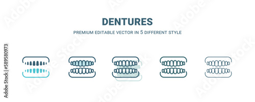 dentures icon in 5 different style. Outline, filled, two color, thin dentures icon. Editable vector can be used web and mobile