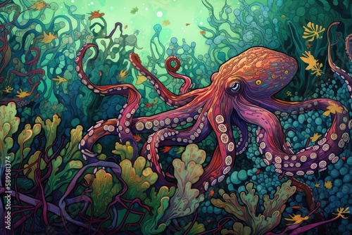 trippy octopus swimming amongst underwater plants, created with generative ai © Natalia
