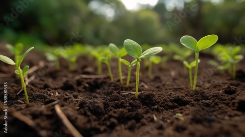 Seedlings growing in soil. Concept ecology and bio. Generative AI.