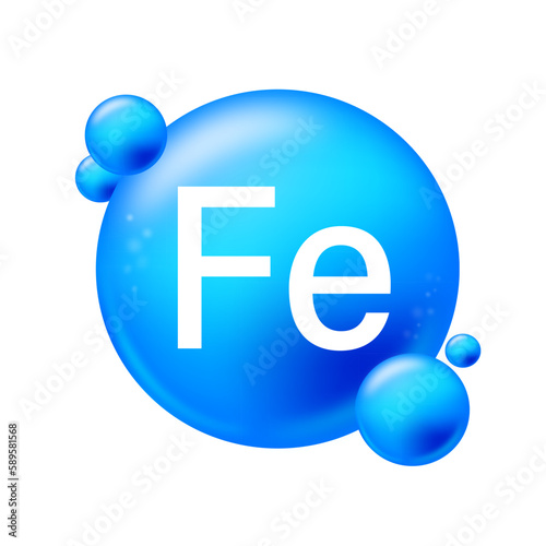 Ferrum, Fe. Icon structure chemical element round shape circle light blue. Chemical element of periodic table