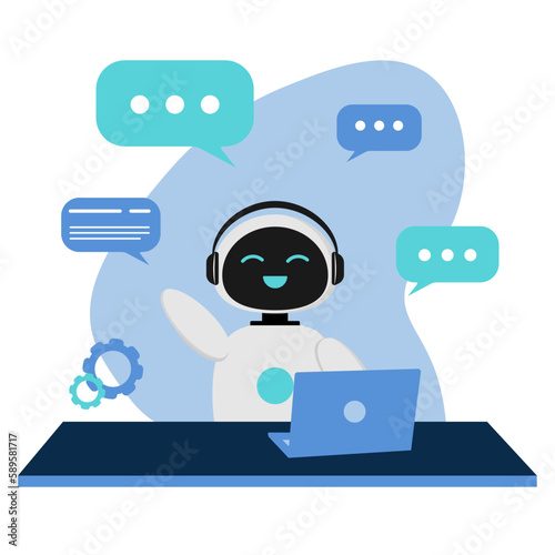 Illustration with an AI chatbot sitting at a laptop and chatting. The character of the robot is very positive, the design is minimalistic in flat style.
