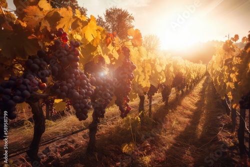 vineyard in autumn, with warm sun shining on grape harvest, created with generative ai