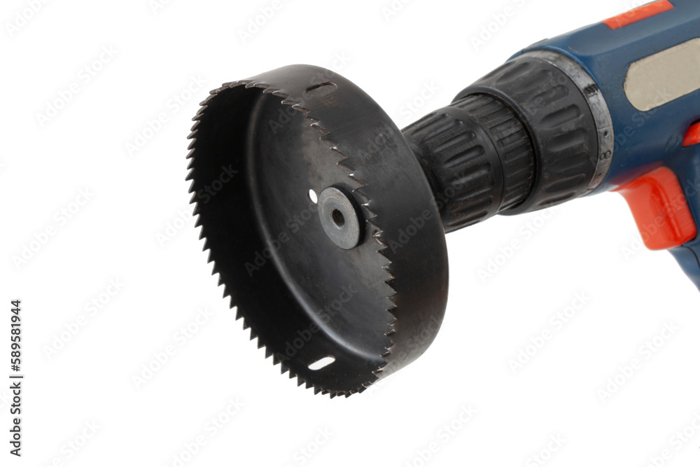 hole saw with attachment on an electric screwdriver, for drilling round holes in furniture or drywall, isolated, cut out hole saw with attachment on an electric screwdriver, for drilling round holes in furniture or drywall, isolated, cut out