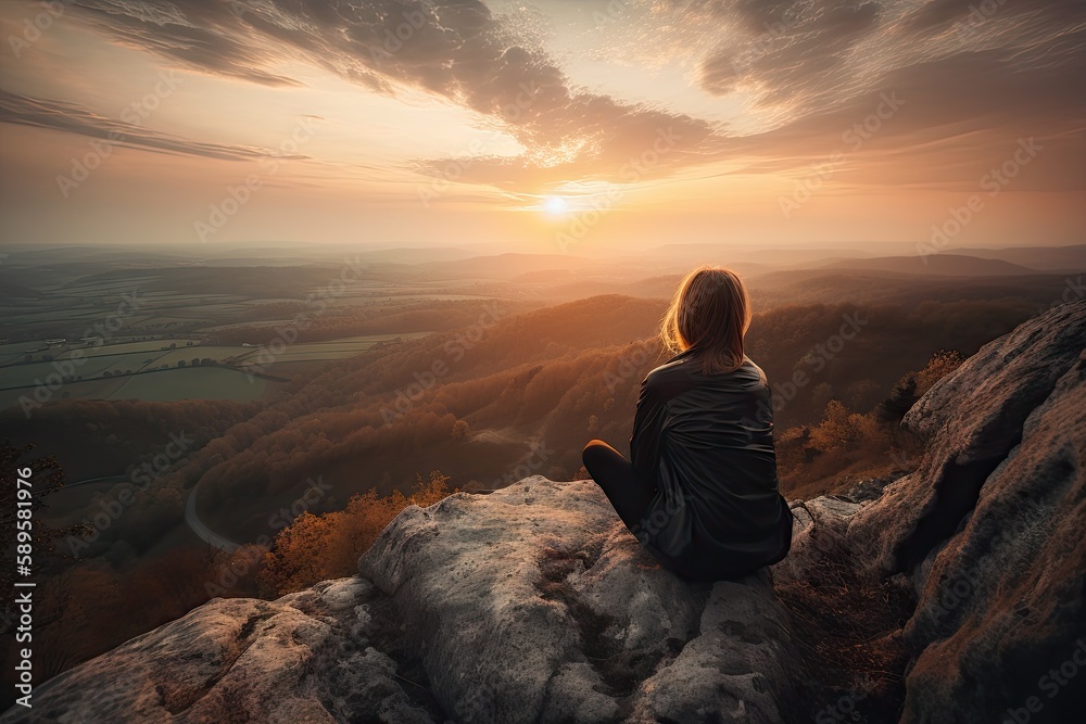 Obraz premium woman, sitting on the edge of a cliff, overlooking majestic landscape with sunset in the background, created with generative ai