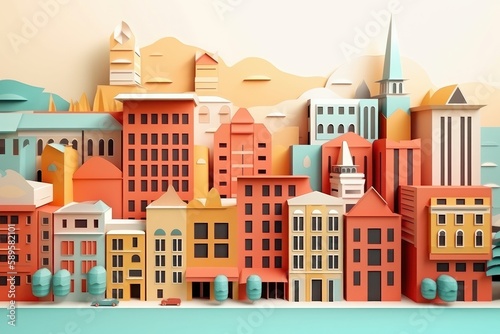Paper cut of a Cityscape with houses, trees and mountains. Natural Environment, 3D illustration, Generative Ai