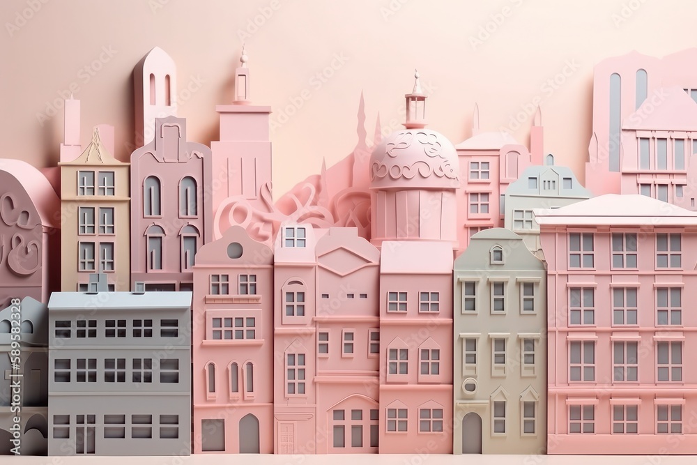 Paper cut of a Cityscape with houses, trees and mountains. Natural Environment, Pink Colour, 3D illustration, Generative Ai