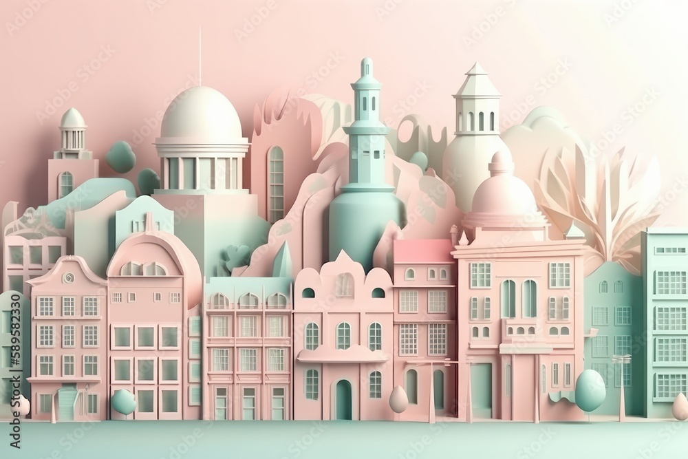 Obraz premium Paper cut of a Cityscape with houses, trees and mountains. Natural Environment, Pink Colour, 3D illustration, Generative Ai