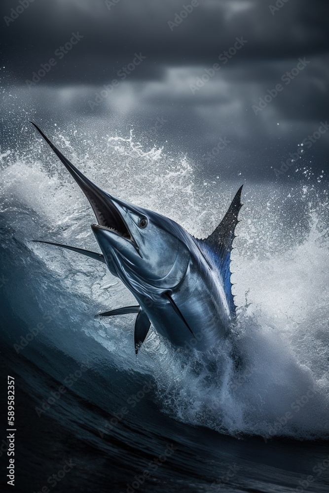 Beautiful marlin swordfish jumping out of water to catch flying fish