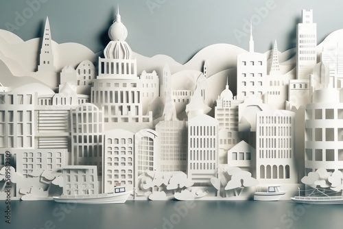 Paper cut of a Cityscape with houses  trees and mountains. Natural Environment  3D illustration  Generative Ai