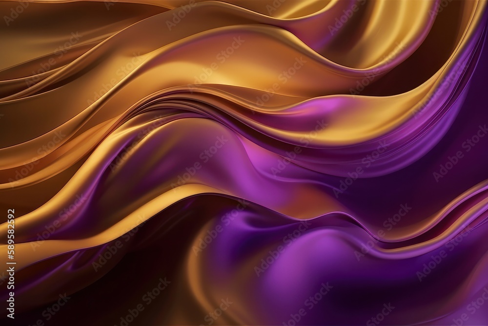 Fototapeta premium Abstract background of golden and purple silk or satin fabric with some smooth wavy lines, Generative Ai