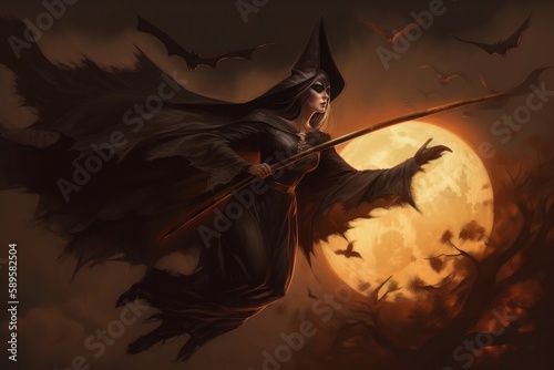 Halloween witch flying on a broomstick in front of the full moon