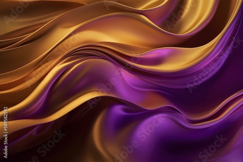 Abstract background of golden and purple silk or satin fabric with some smooth wavy lines, Generative Ai