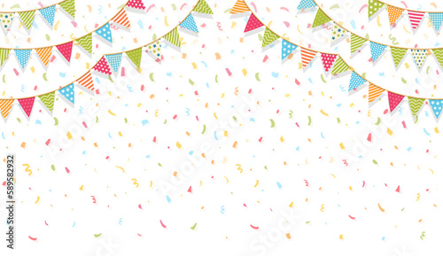 Background with colorful bunting flags and confetti