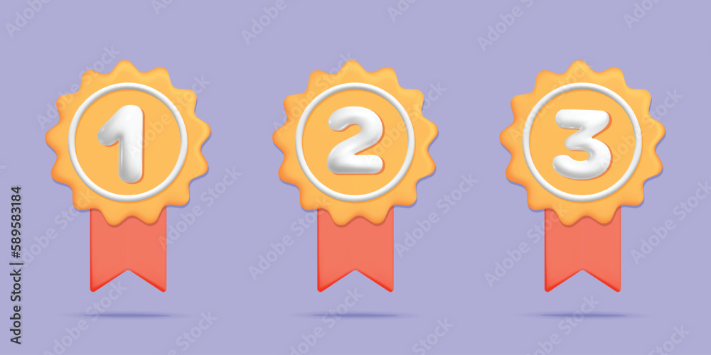 3d vector gold  first, second, third place medal with award ribbon icon design for Winner certificate or champion prize badge