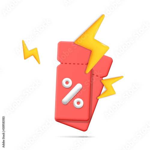 3d vector red online shopping floating red discount coupons ticket with white percentage sign and flash bolt thunder symbols digital promotion mockup design