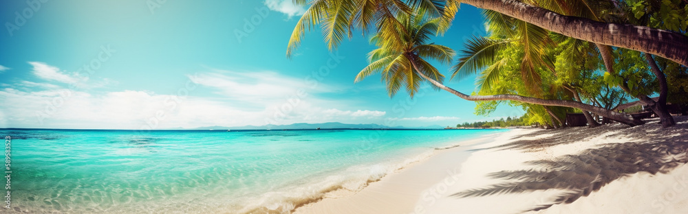 Tropical beach with palm tree. Generative AI