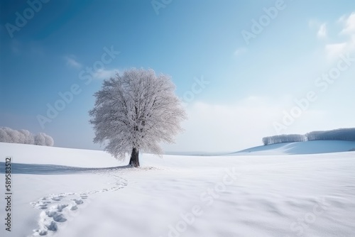 Tree covered by snow on snow landscape. generative ai