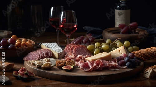 Tapas selection. A cutting board with charcuterie. Spanish cured meat, jamon, lomo, chorizo, salchichon. Along with cheese and wine