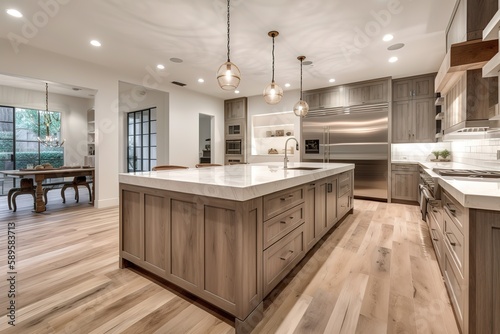 Modern kitchen interior in black colour   elegant contemporary kitchen room interior   Wood table top on kitchen room background   Modern kitchen interior design in a luxury house  Generative AI