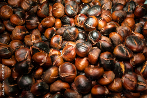 Photography Roasted maroons at a food market in Barcelona spain