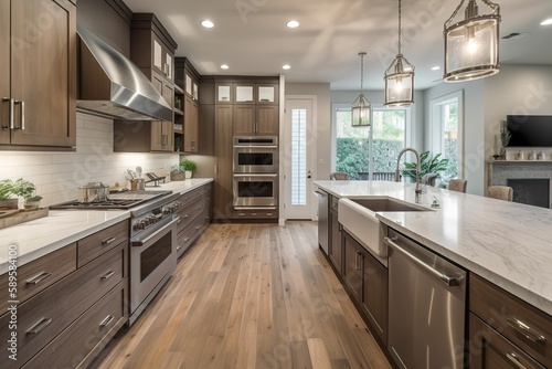 Modern kitchen interior in black colour   elegant contemporary kitchen room interior   Wood table top on kitchen room background   Modern kitchen interior design in a luxury house  Generative AI