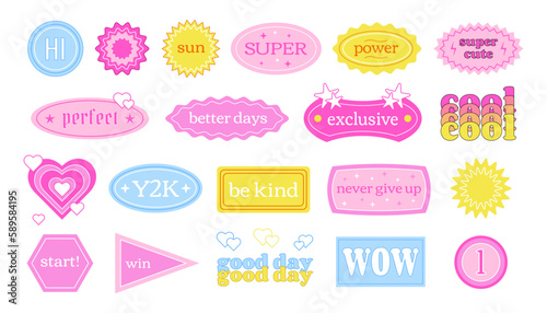 Y2K retro labels with short phrases and motivations, sticker pack, vector collection of tags and stickers in retro style.
