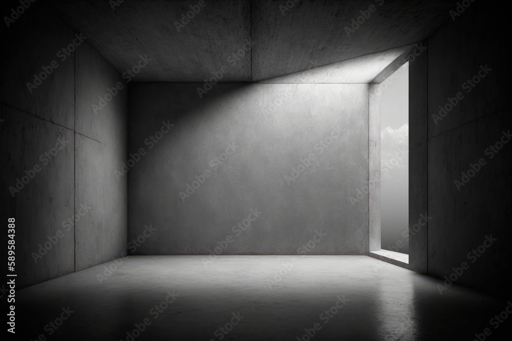 Interior of a modern empty room with concrete walls and concrete floor. Light from the window, Generative Ai Interior of a modern empty room with concrete walls and concrete floor. Light from the window, Generative Ai