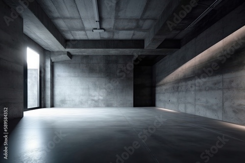 Interior of a modern empty room with concrete walls and concrete floor. Light from the window, Generative Ai © Angus.YW
