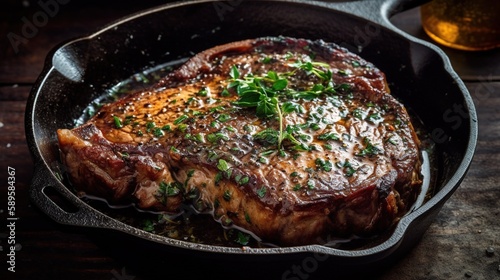 A beautiful steak being cooked to perfection on a pan. AI-generated image