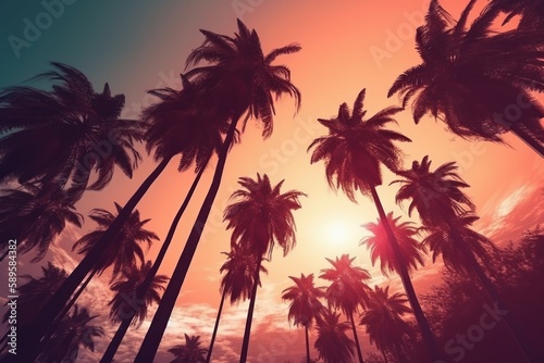 Silhouette of palm trees on sunset sky background. Vintage tone, Generative Ai