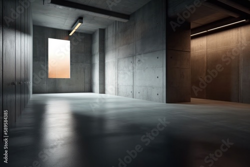 Interior of a modern empty room with concrete walls and concrete floor. Light from the window, Generative Ai © Angus.YW