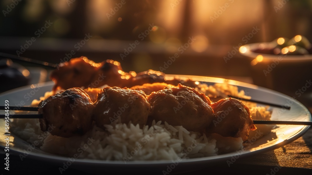 Chicken kebabs served with basmati rice. Blurred background
