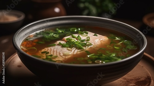 A steaming bowl of fragrant fish soup, garnished with a few slices of fresh ginger and a handful of chopped scallions.