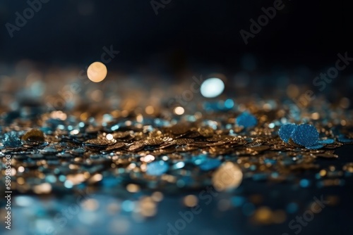 Close-up beads in gold and blue on a dark and bokeh background. Selective focus, Generative Ai