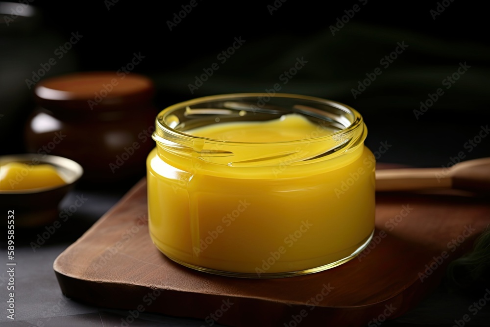 Homemade Indian ghee in glass jar, Generative AI Homemade Indian ghee in glass jar, Generative AI