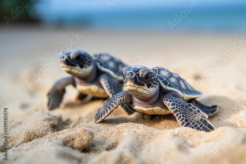 Cute baby turtles on the sandy beach. Generative AI