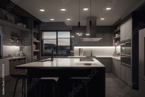 New modern kitchen interior   3d rendering of a wooden Scandinavian kitchen with white bricks   White and Neutral Contemporary Kitchen   elegant contemporary kitchen room interior, Generative AI © Azar